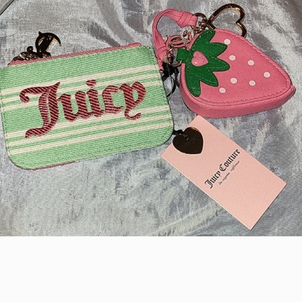 Juicy Couture Mint Green & Pink Stripe Wristlet with Strawberry Charm - Picture 5 of 11